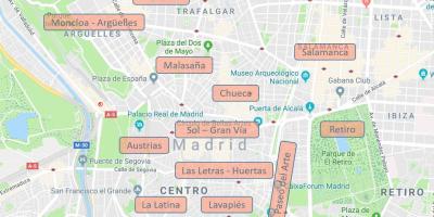 Zemljevid Madridu, Španija soseskah