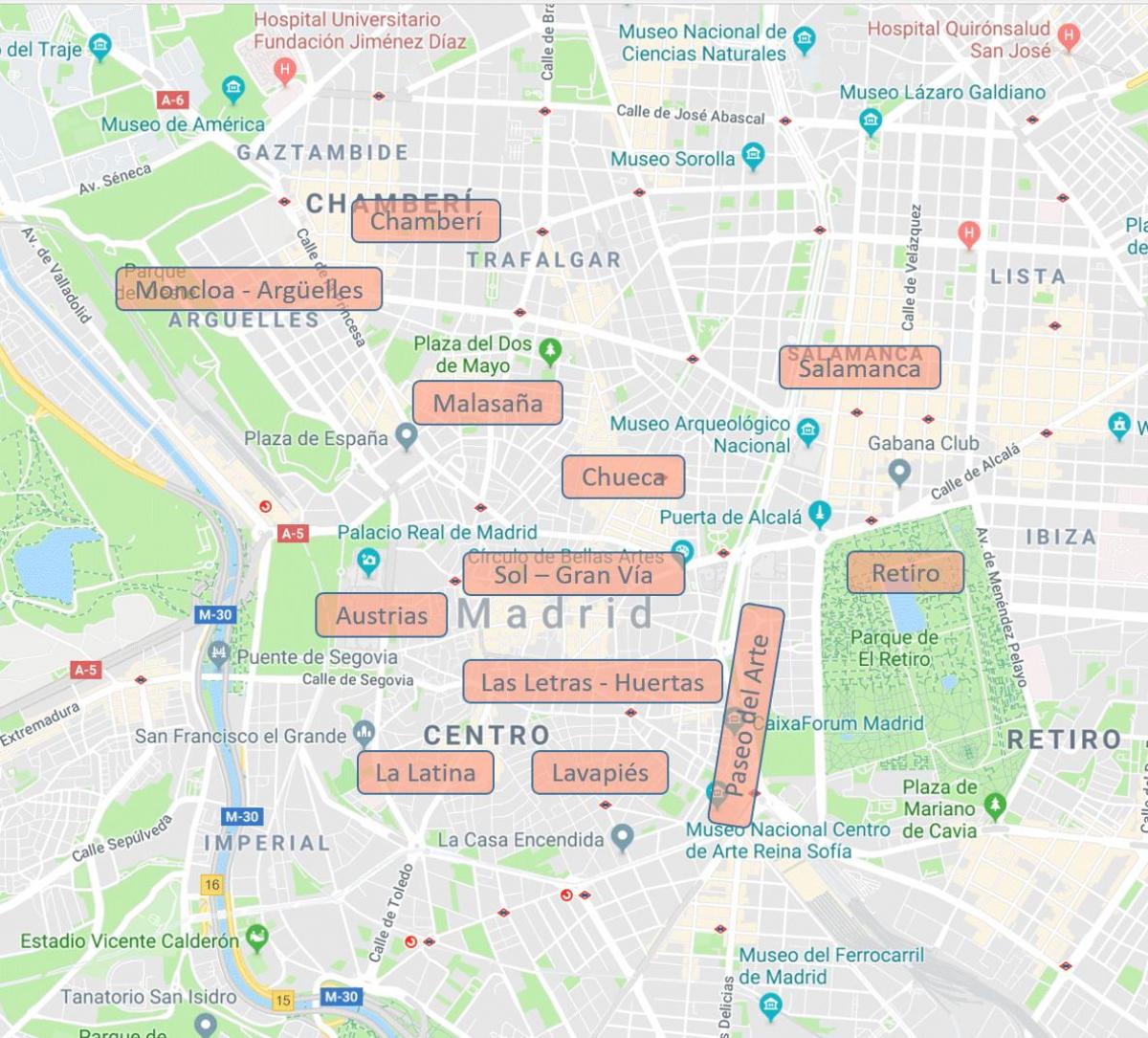 zemljevid Madridu, Španija soseskah